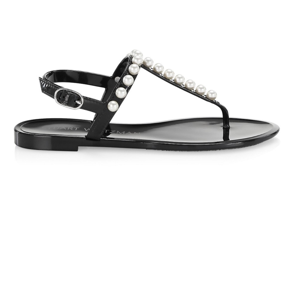 Black Stuart Weitzman Goldie Embellished Jelly Thong Sandals.
